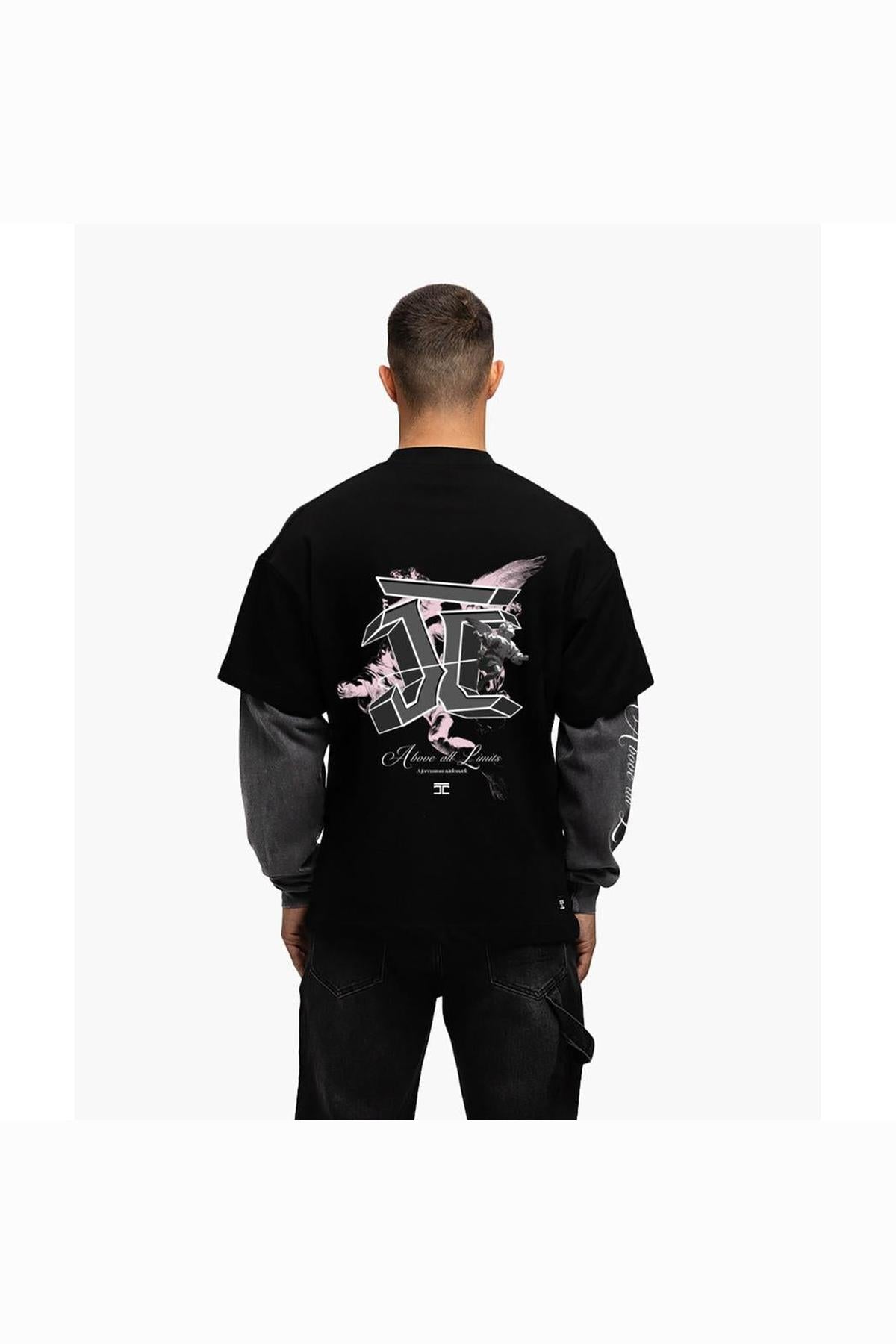 Above All Limits Double Layer Long Sleeve T-Shirt - Black Acid Wash-Jorcustom-Mansion Clothing