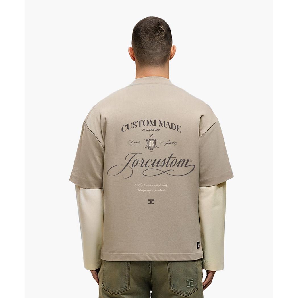 Handscript Double Layered Longsleeve T-Shirt Taupe/Creme-Jorcustom-Mansion Clothing