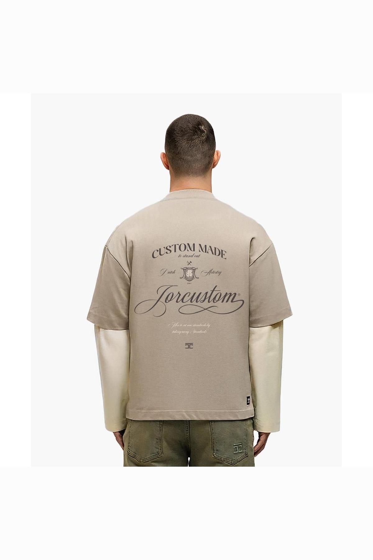 Handscript Double Layered Longsleeve T-Shirt Taupe/Creme-Jorcustom-Mansion Clothing