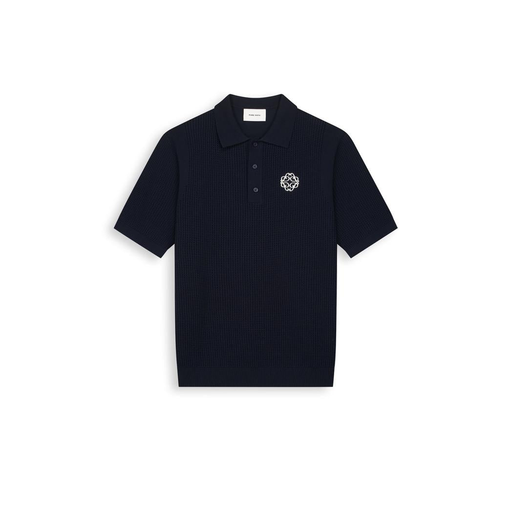 Openwork Knitted Polo Dark Navy-Pure Path-Mansion Clothing