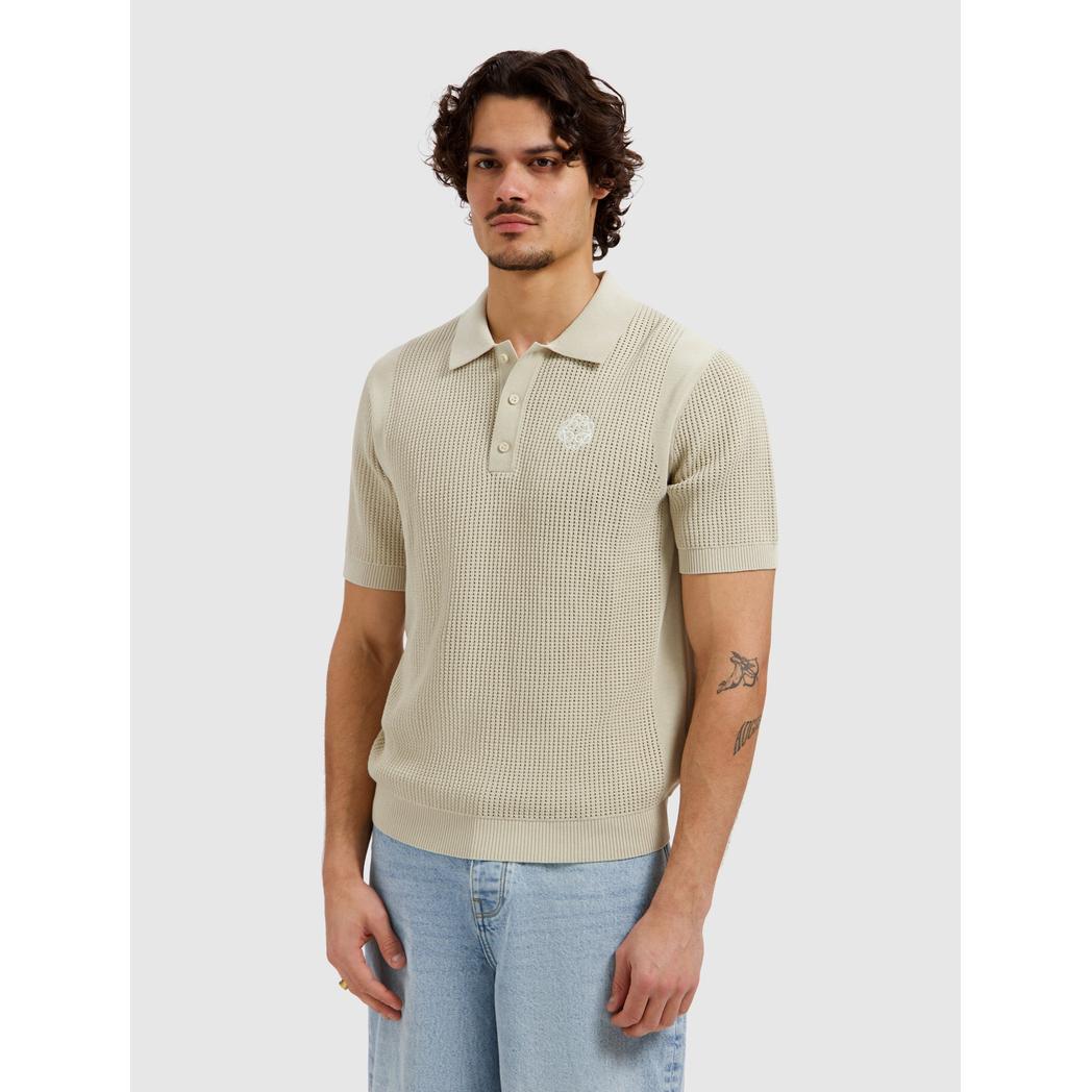 Openwork Knitted Polo Sand-Pure Path-Mansion Clothing