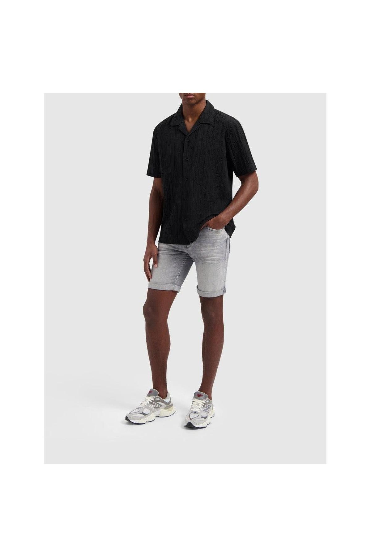 Wrinkled Short Sleeve Shirt - Black-Pure Path-Mansion Clothing