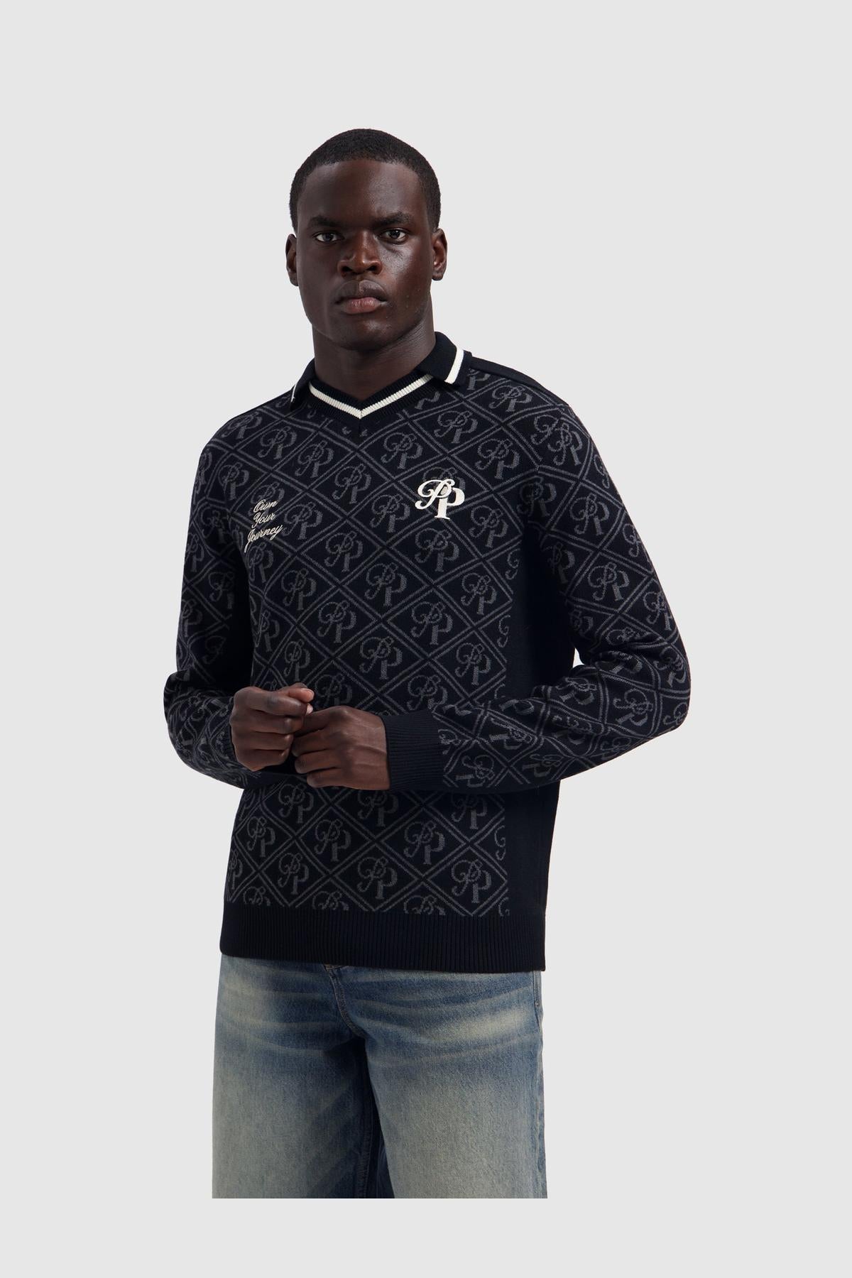 Jacquard Football Knit Polo Black