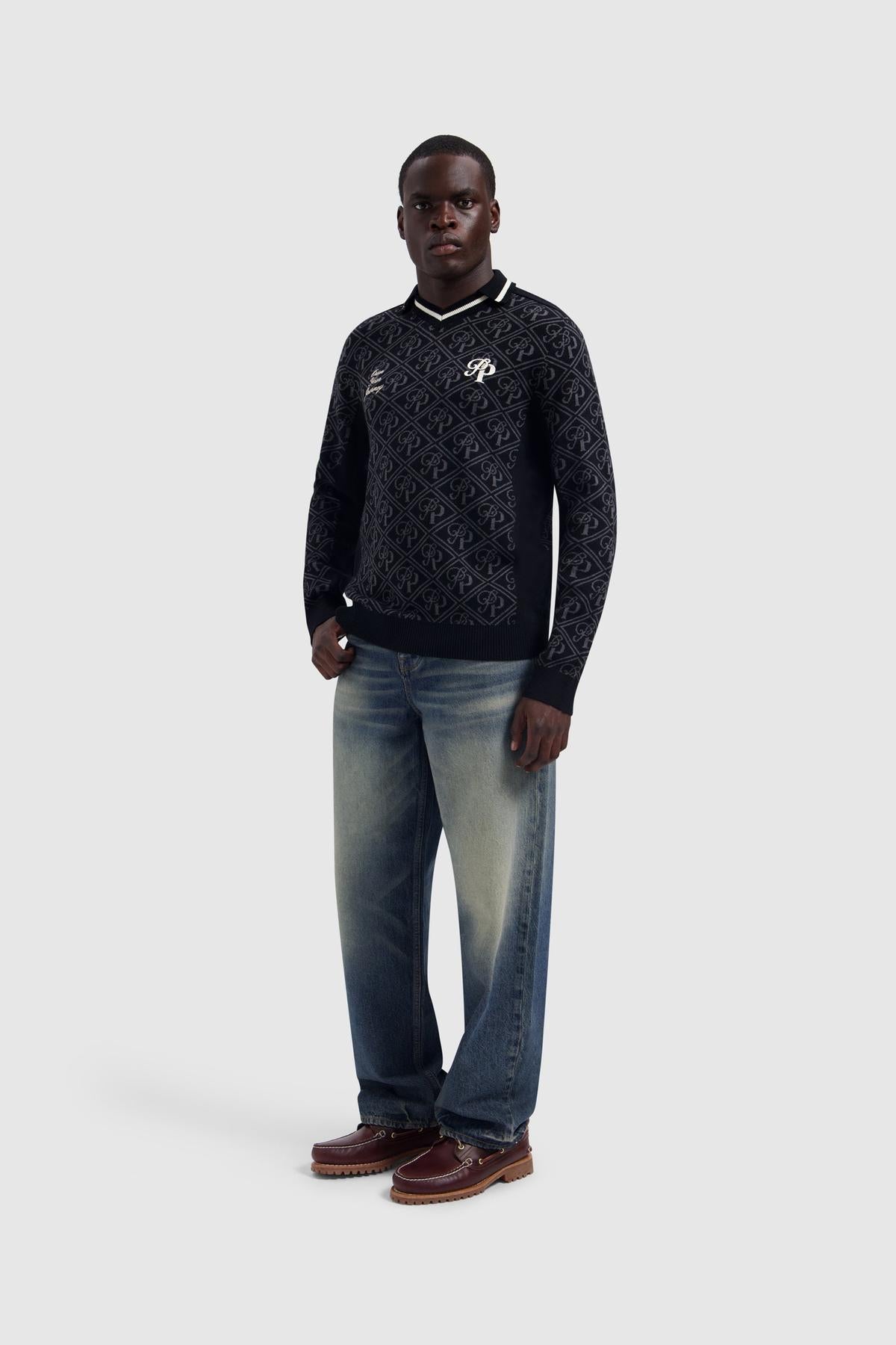 Jacquard Football Knit Polo Black