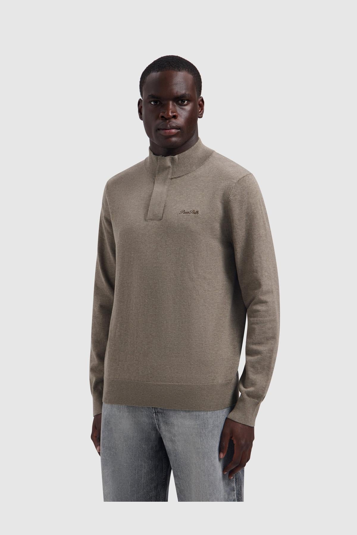 Light weight Hidden Half-zip Knit Taupe Melange