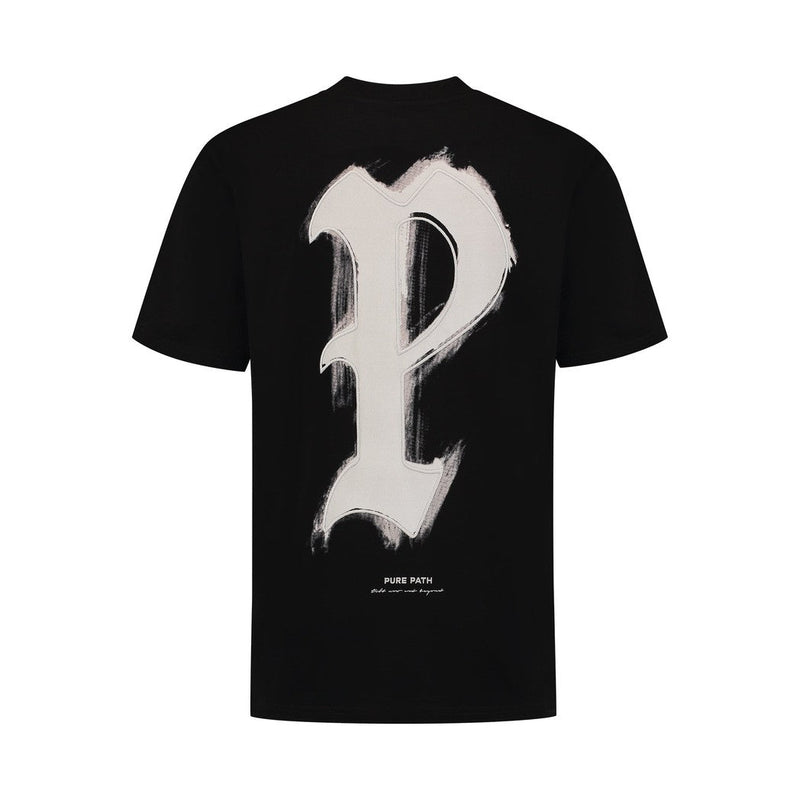 Brushstroke Initial T-shirt - Black-Pure Path-Mansion Clothing