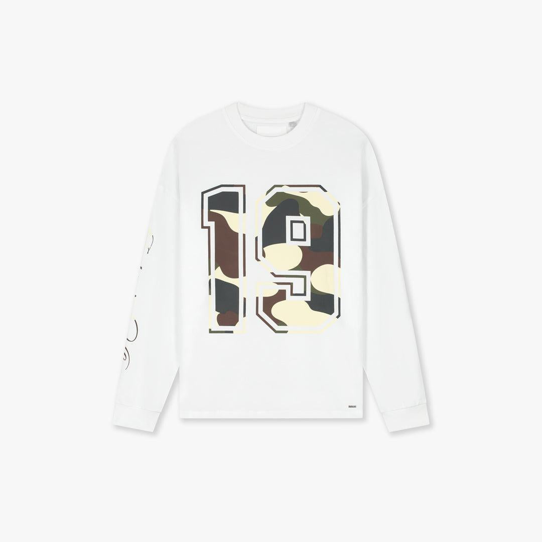 White long-sleeve t-shirt with large camo "19" graphic and sleeve text.