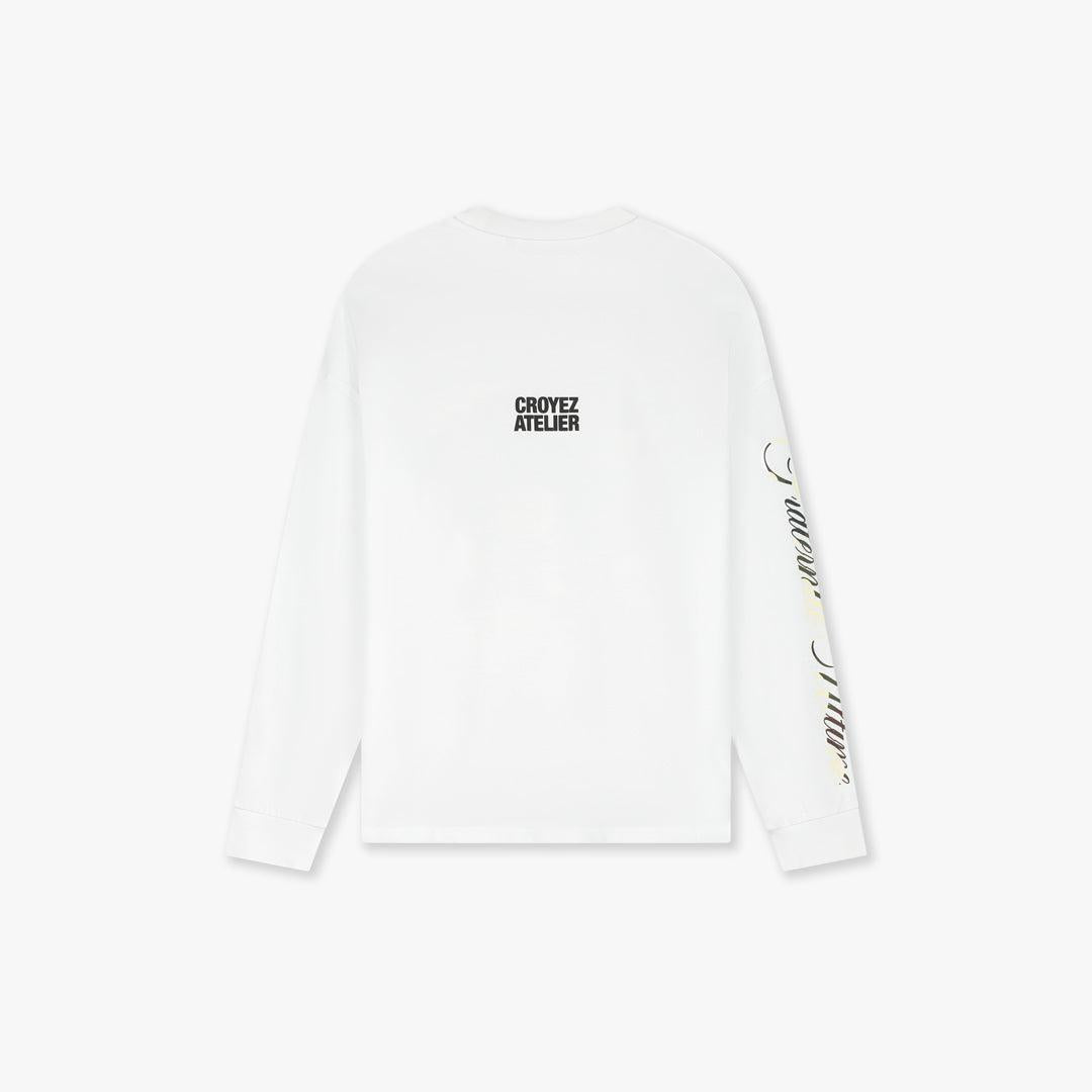 White Croyez Camo Longsleeve t-shirt with "CROYEZ ATELIER" on the back and script on the left sleeve.