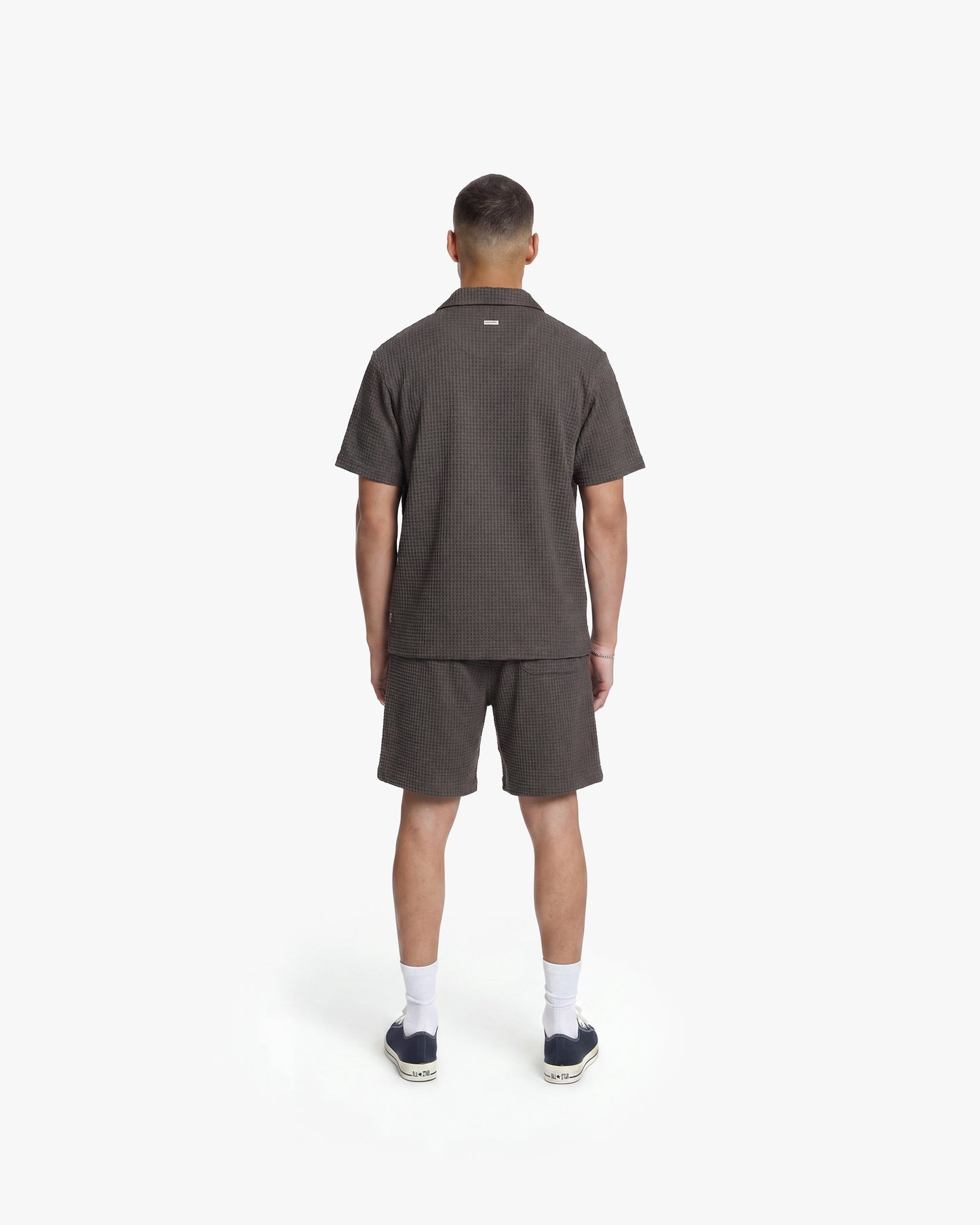 Men's Initial Waffle Shorts Washed Brown and matching short-sleeve shirt, back view.