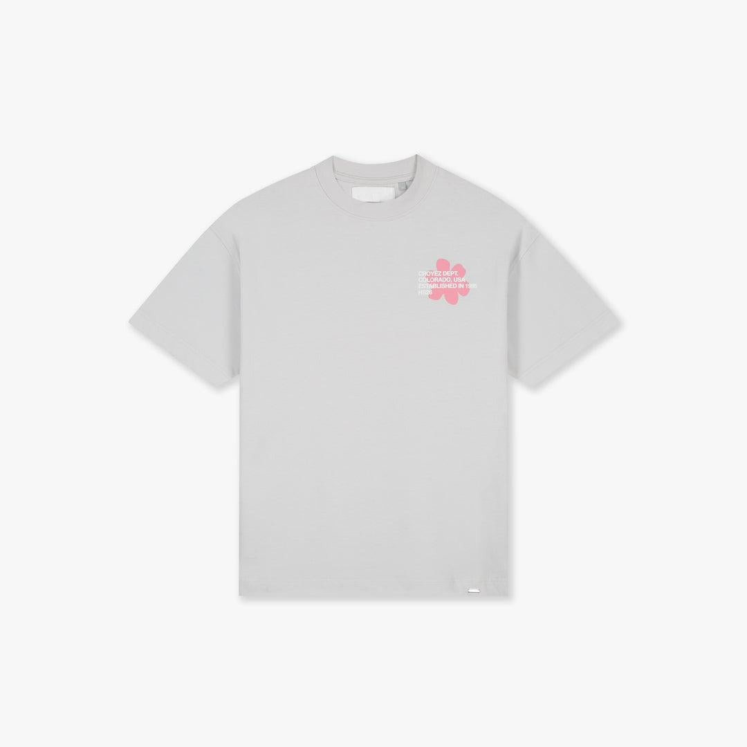 Light grey cotton t-shirt with a small pink flower graphic and text on the left chest.