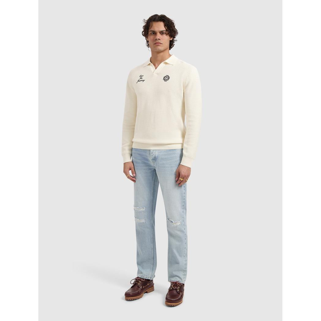 Embroidered Braided Knit Polo Off White