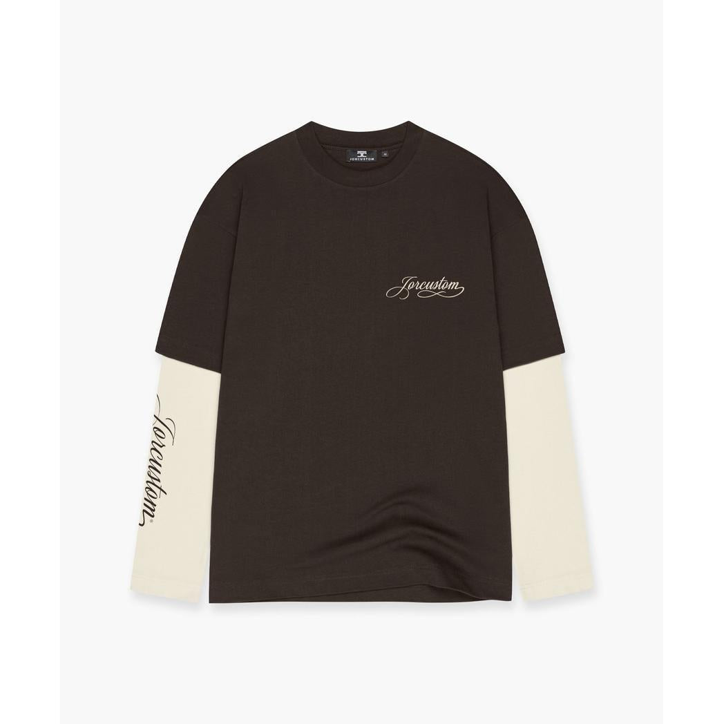 Handscript Double Layered Longsleeve T-Shirt Brown/Creme-Jorcustom-Mansion Clothing