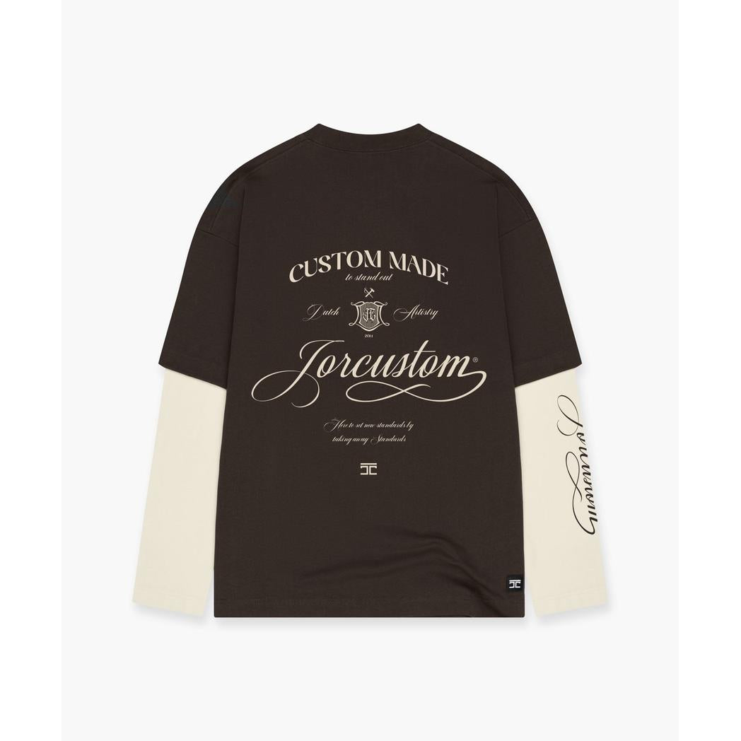 Handscript Double Layered Longsleeve T-Shirt Brown/Creme-Jorcustom-Mansion Clothing