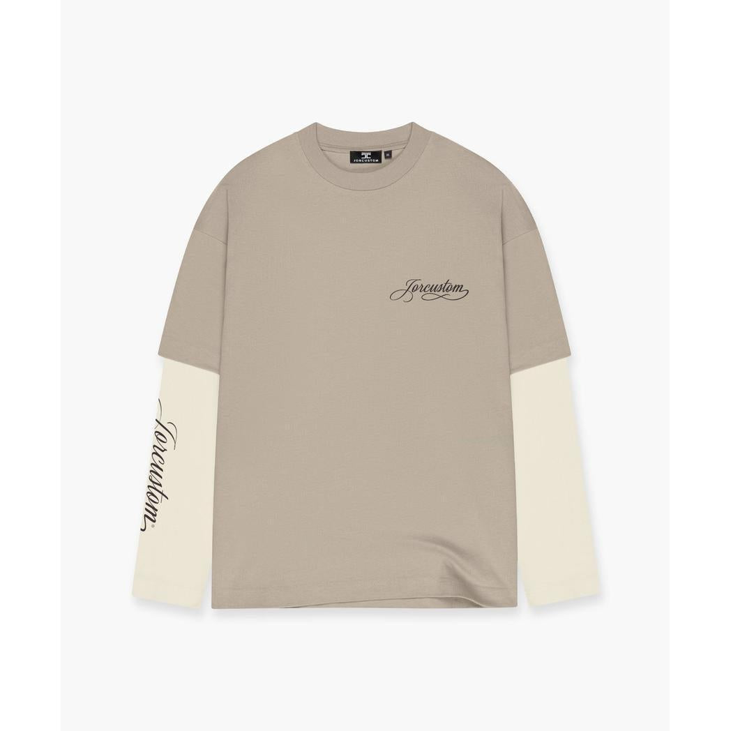 Handscript Double Layered Longsleeve T-Shirt Taupe/Creme-Jorcustom-Mansion Clothing