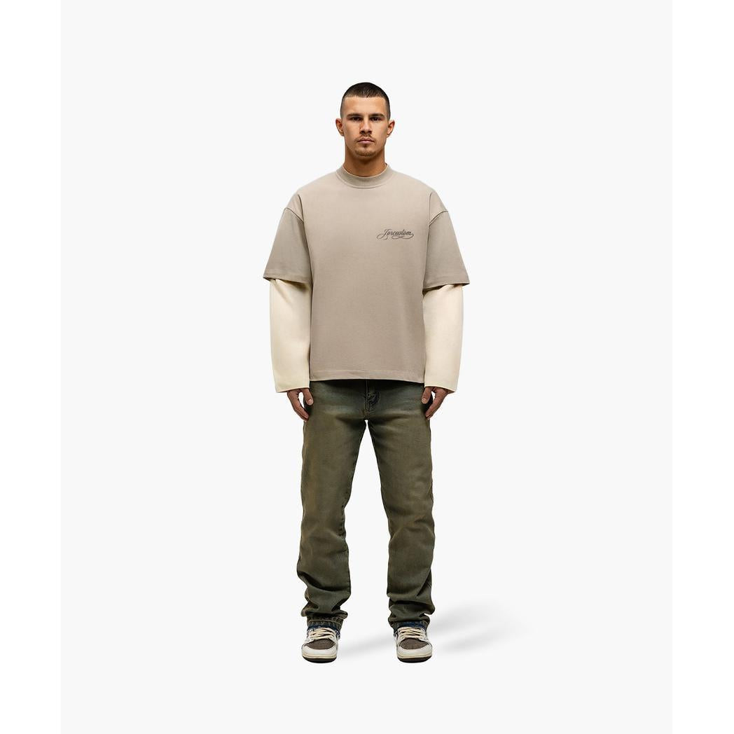 Handscript Double Layered Longsleeve T-Shirt Taupe/Creme-Jorcustom-Mansion Clothing