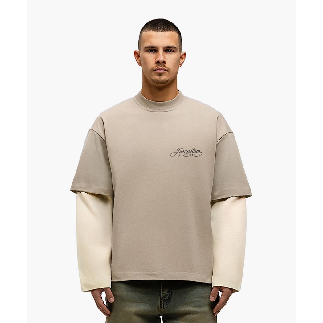 Handscript Double Layered Longsleeve T-Shirt Taupe/Creme-Jorcustom-Mansion Clothing