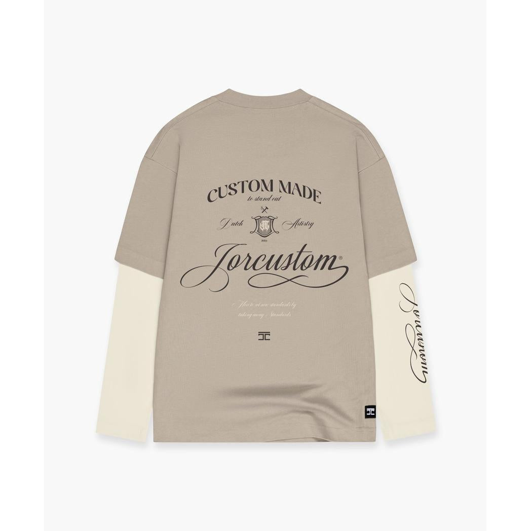 Handscript Double Layered Longsleeve T-Shirt Taupe/Creme-Jorcustom-Mansion Clothing
