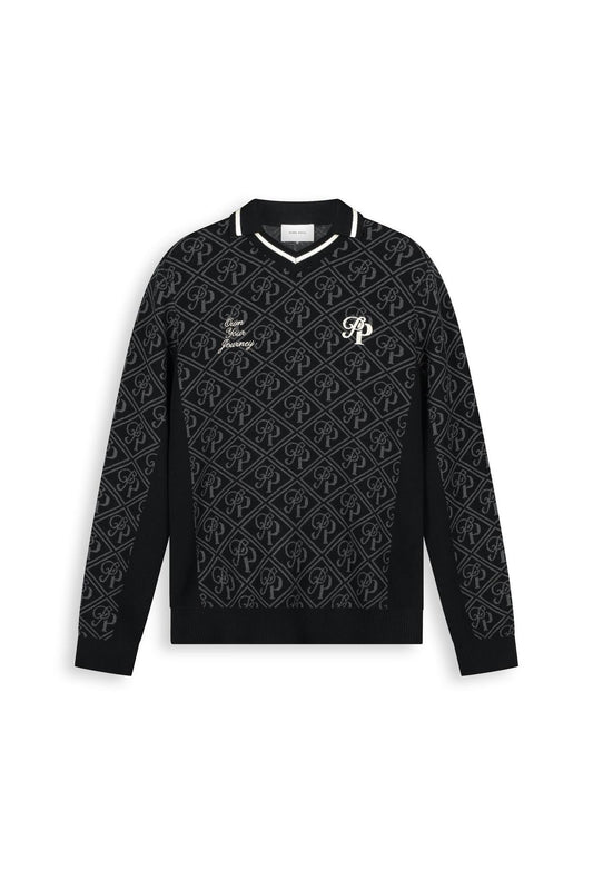 Jacquard Football Knit Polo Black-Pure Path-Mansion Clothing
