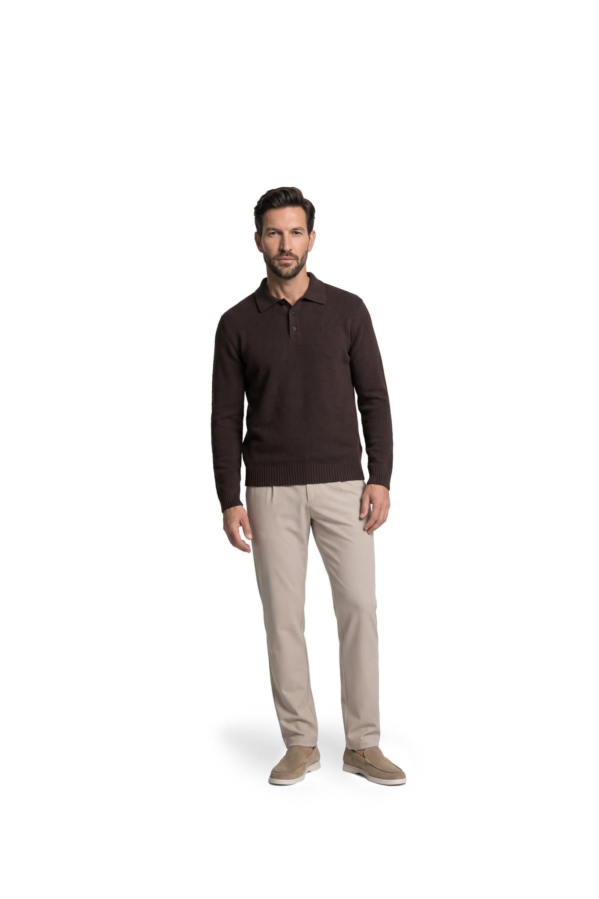 Knitted Bouclé Longsleeve Polo Brown-Malelions Premium-Mansion Clothing