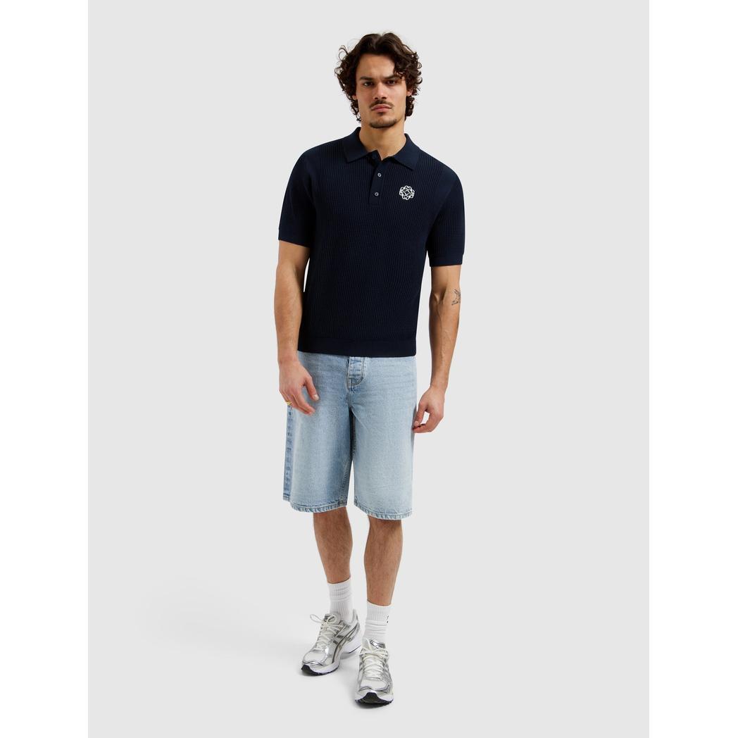 Openwork Knitted Polo Dark Navy-Pure Path-Mansion Clothing