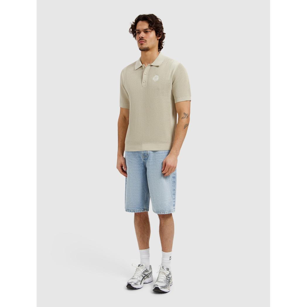 Openwork Knitted Polo Sand-Pure Path-Mansion Clothing
